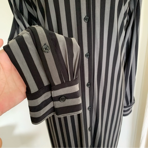 Norma Kamali Shirt Dress Gray Black Vertical Stripe Button Down Classic Collar - Picture 4 of 9
